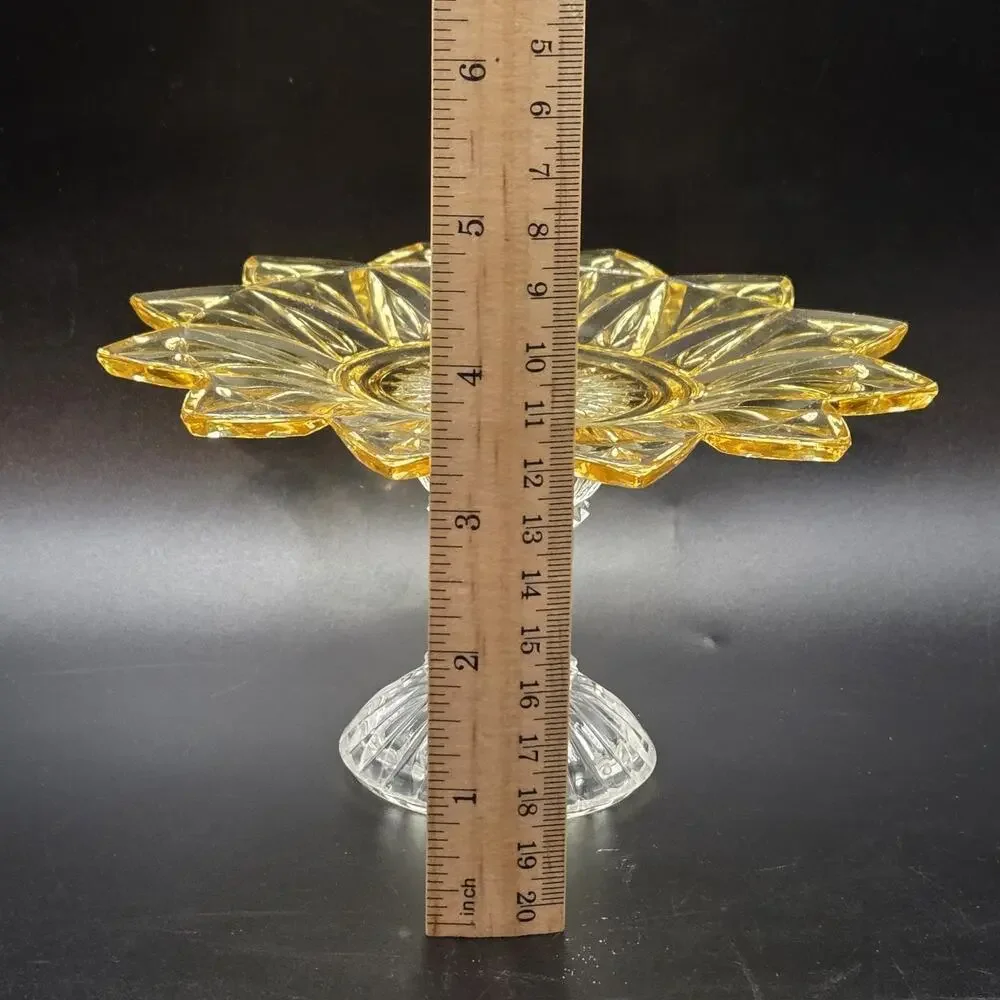 Federal Glass Pedestal Plate Petal Yellow Sunburst USA Vintage